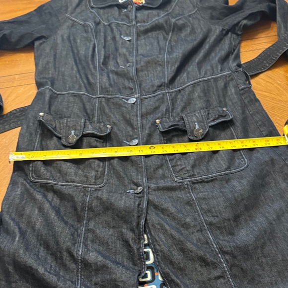 Dark Denim Trench Coat Fitted Button Up Jacket w/ Pockets Patterned Lining 2X - Picture 9 of 14